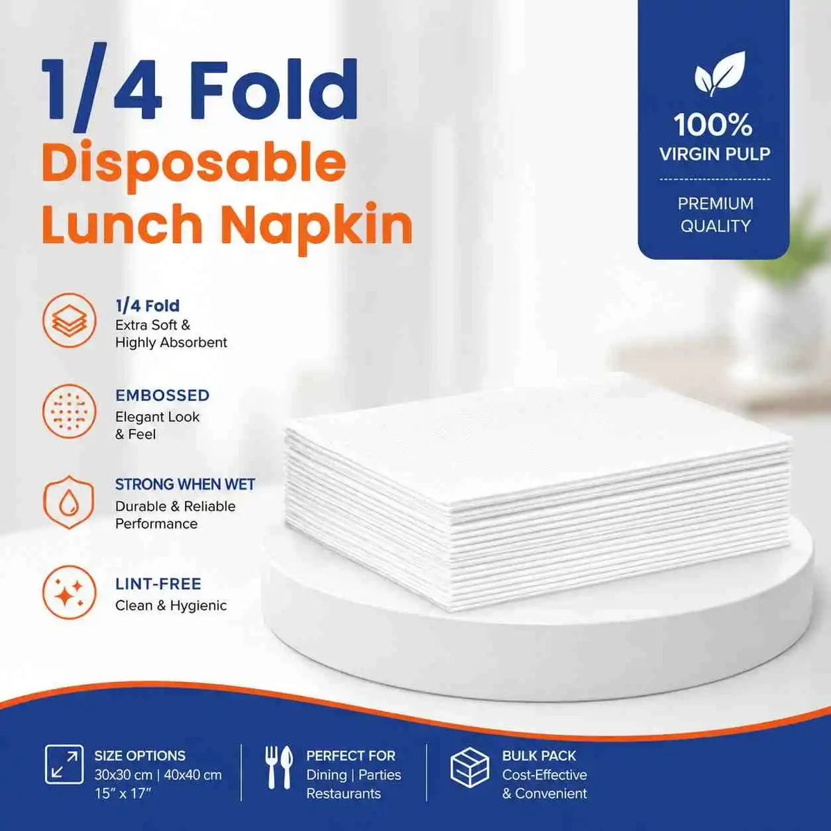 1/4 Fold Disposable White Paper Lunch Napkins for Restaurants, Takeaway & Events | Soft & Absorbent 6000/Case | ECOZAT