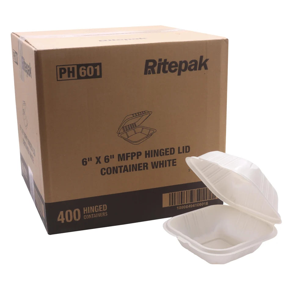 RitePak - 6" X 6" MFPP White Hinged Microwavable Container, 400/Cs - PH601