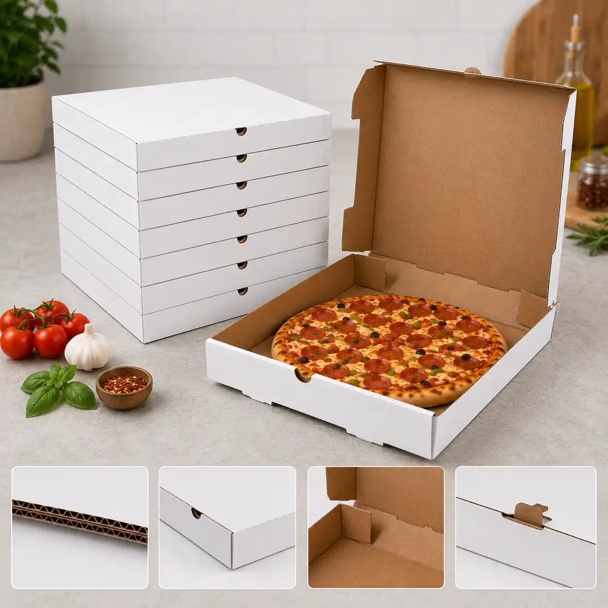 18" x 18" White Pizza Boxes for Large Pizza Delivery, Takeout & Restaurants, Wholesale Bulk Supply (50/Case)