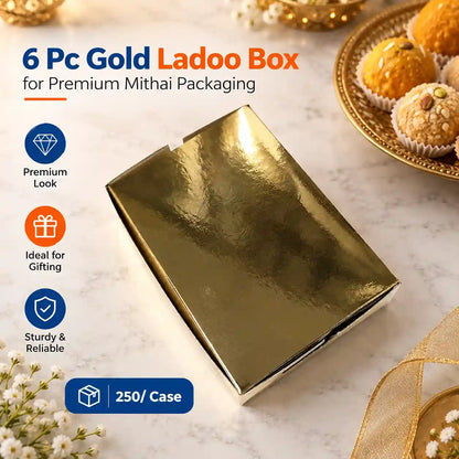6 Pc Gold Ladoo Box for Premium Mithai Packaging, Sweet Shops, Bakeries & Festive Gifting (250/Case)