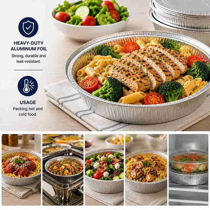 Heavy-gauge round foil container for takeout meals