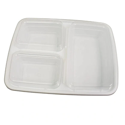 White rectangular plastic tray with three compartments including one large section for meal serving