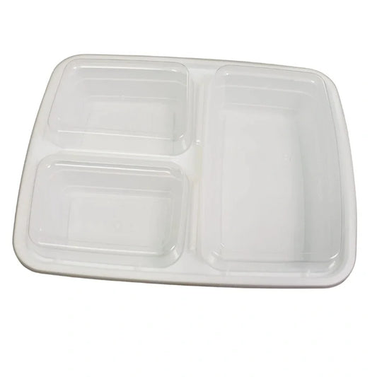 White rectangular plastic tray with three compartments including one large section for meal serving