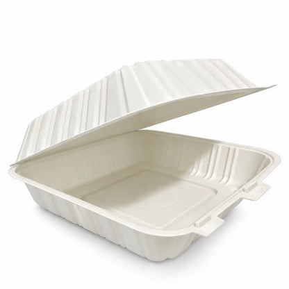 white rectangular food container with 3 compartments