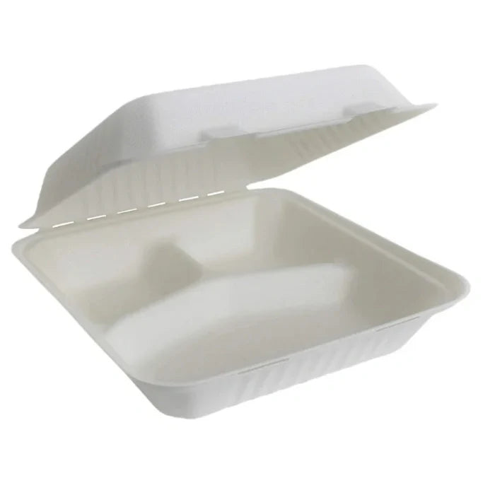 8 x 8 Rectangular White 3 Compartment MFPP Clamshell Container for Takeout Food & Bulk Food Serving, 150/Case