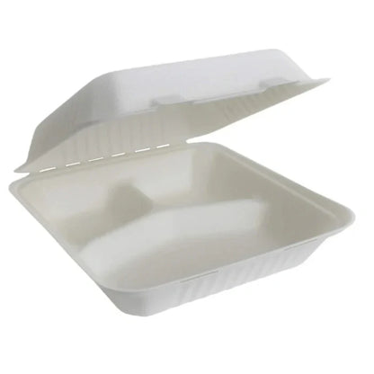 8 x 8 Rectangular White 3 Compartment MFPP Clamshell Container for Takeout Food & Bulk Food Serving, 150/Case
