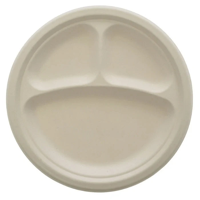 light beige bagasse round plate with 3 compartments