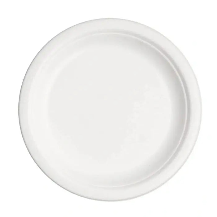 white bagasse round plate