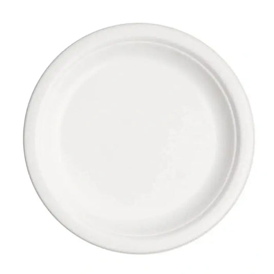 white bagasse round plate