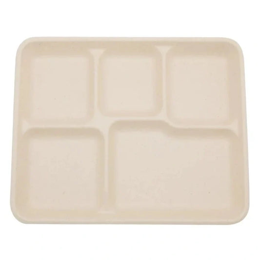 light beige bagasse tray with 5 compartments