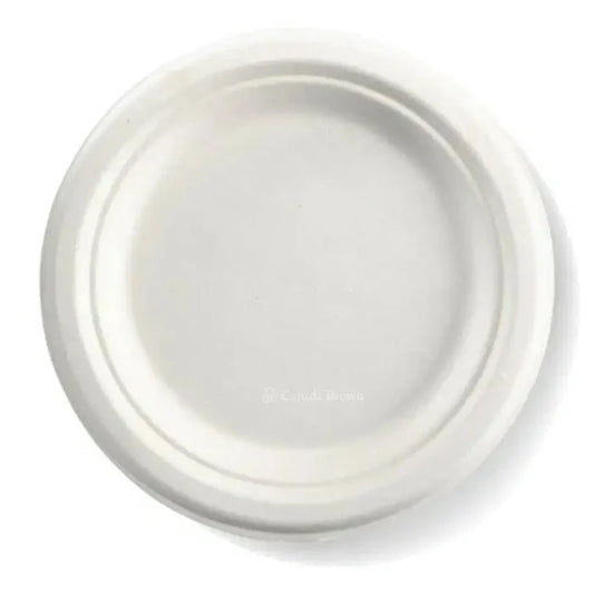 light beige round bagasse plate