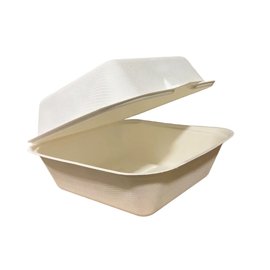 beige bagasse clamshell food box