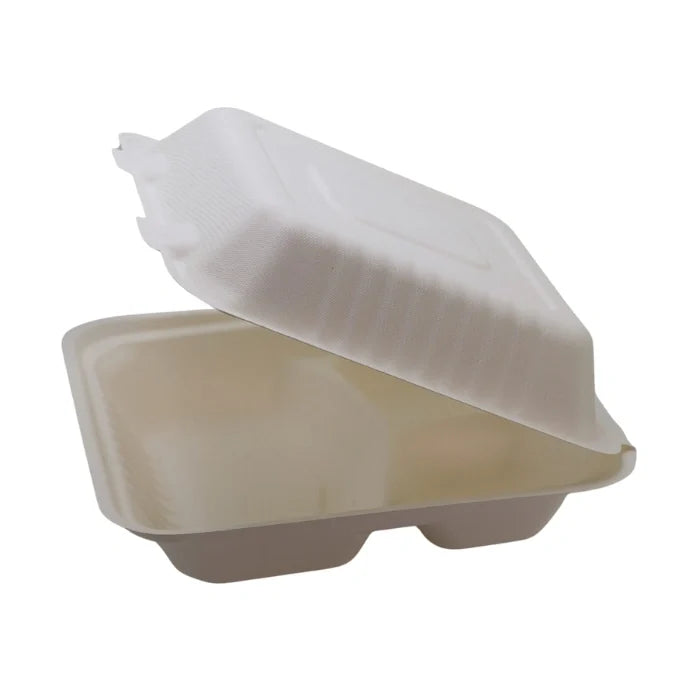 rectangular bagasse clamshell three compartment container for takeaway