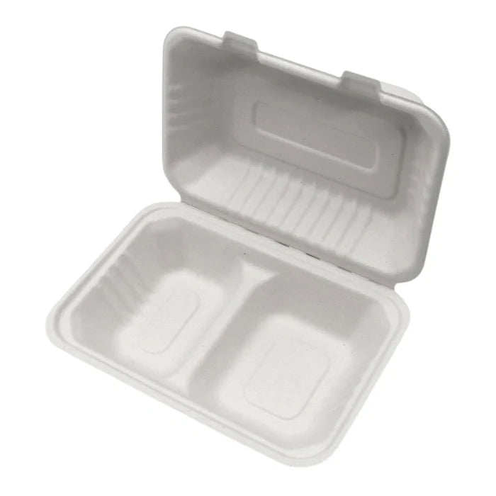 rectangular light beige bagasse clamshell container with two compartments