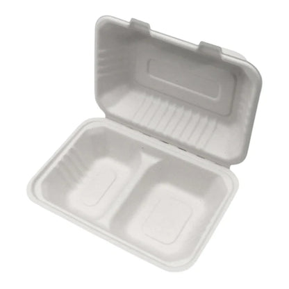 rectangular light beige bagasse clamshell container with two compartments