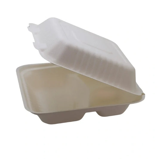 rectangular beige clamshell container with three compartment for food