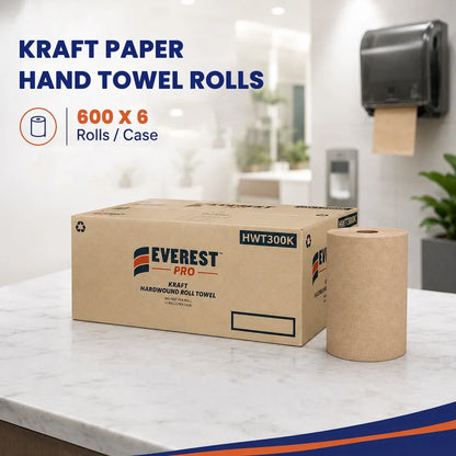 Kraft Paper Hand Towel Rolls High Absorbency Recycled Paper Towels for Restrooms, Kitchens & Commercial Use 600' x 6 Rolls/Case | EVEREST PRO