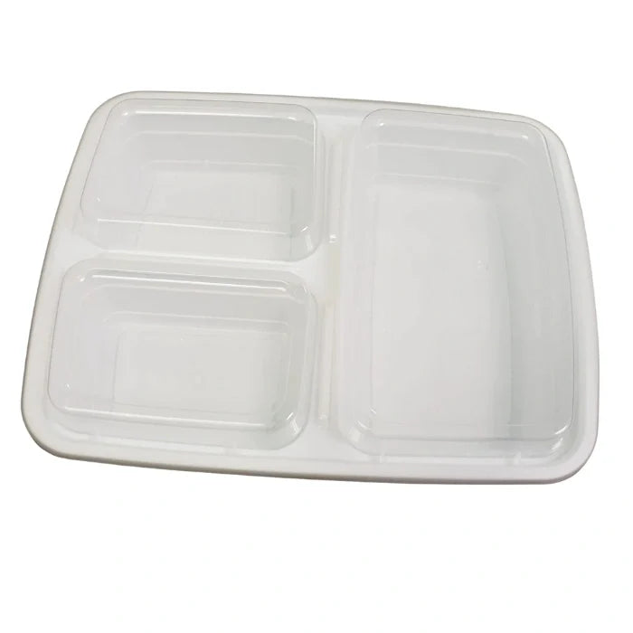 White rectangular plastic food tray with 3 compartments for meal serving