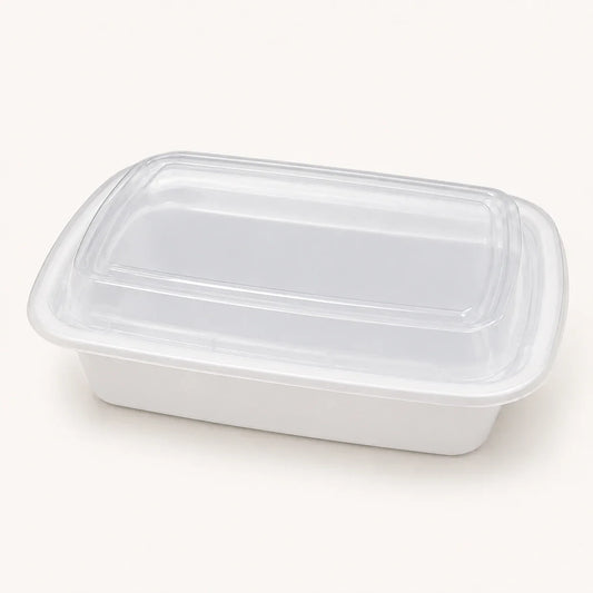 Disposable white rectangular plastic container