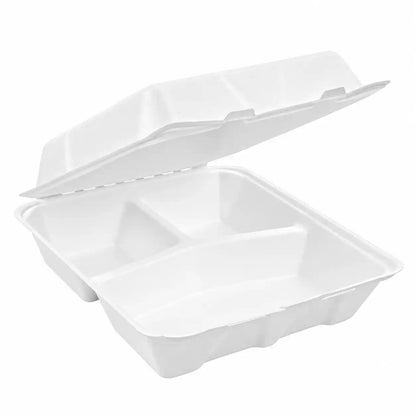 9x9x3 3 Compartment MFPP Clamshell Container, Microwave-Safe Disposable Takeout Food Box, Leak Resistant Meal Prep Container, 150/Case