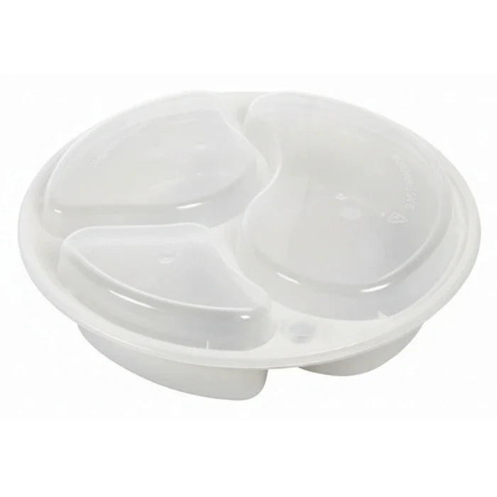White plastic round tray with three divisions