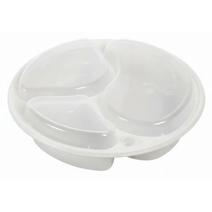 White plastic round tray with three divisions