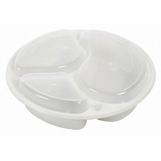 White plastic round tray with three divisions