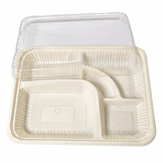 black rectangular food tray with 5 compartments