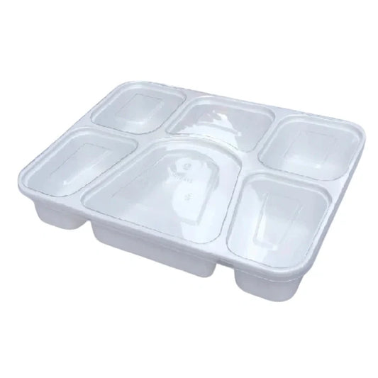 White rectangular plastic food tray with 6 compartments for meal