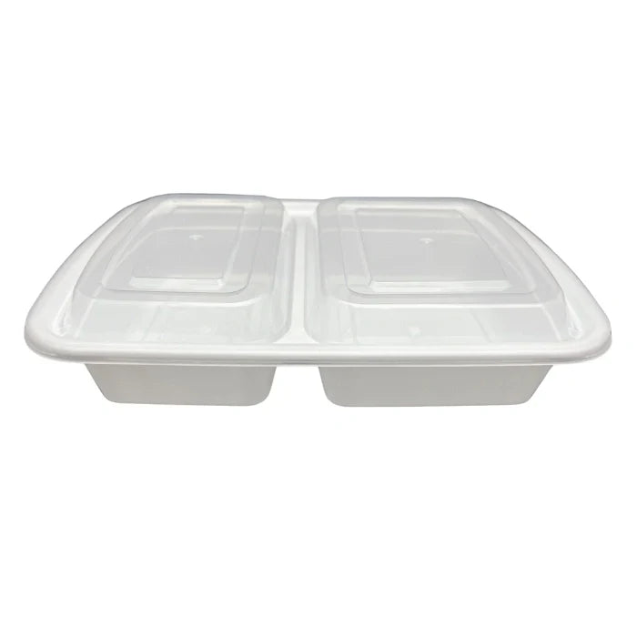 white rectangular plastic food container with two compartments